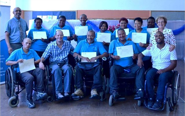 Graduates of OAPD's Peer Support Training Course pictured with Executive Mayor, Nicolette Botha-Guthrie (far right standing) and Principal of Hawston Secondary School and OAPD Chairperson, Idy Adams (far left standing). Also in attendance were ARRC Trainer, Jacques Lloyd (front row, seated second from left); OAPD Coordinator Peer Support, Lionel Isaacs (front row, seated centre) and ARRC Trainer, Sherwin Gerwil (front row, seated far right)